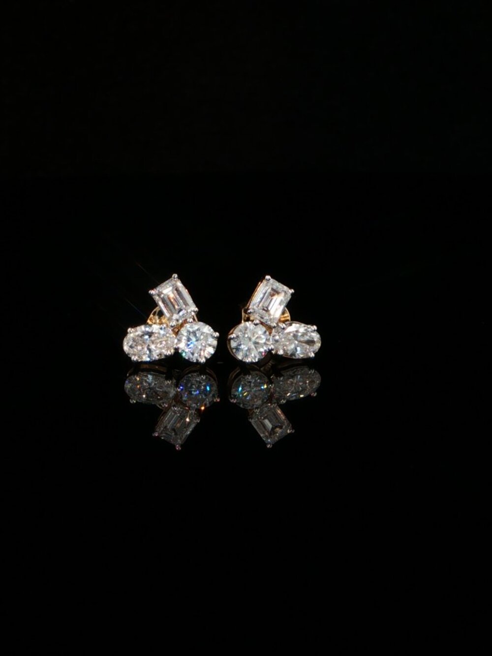 1.41 CTW Emerald, Oval & Round Lab-Grown Diamond Cluster Stud Earrings - 14K Yel
